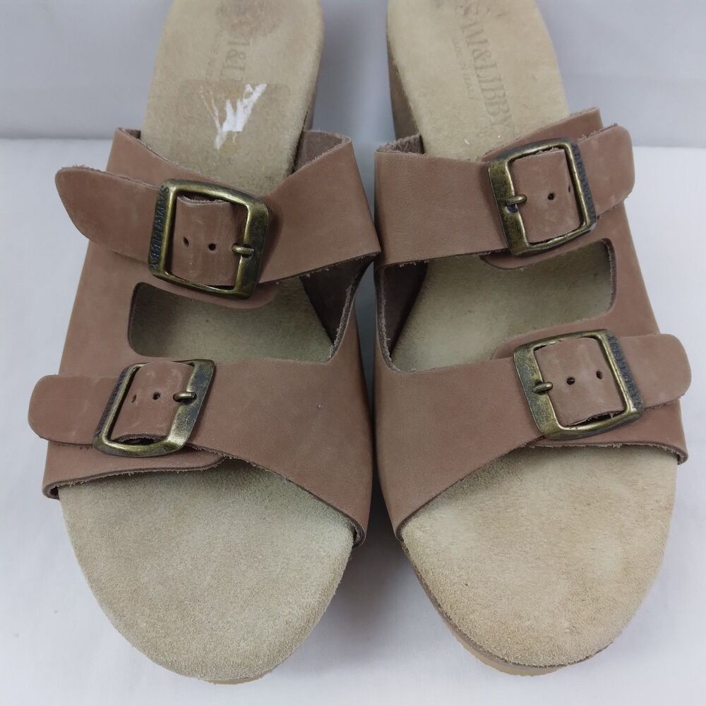 Sam & Libby Brookfield Slide Wedge Sandals Brown Leather Double Buckle Boho 8 - Picture 7 of 14